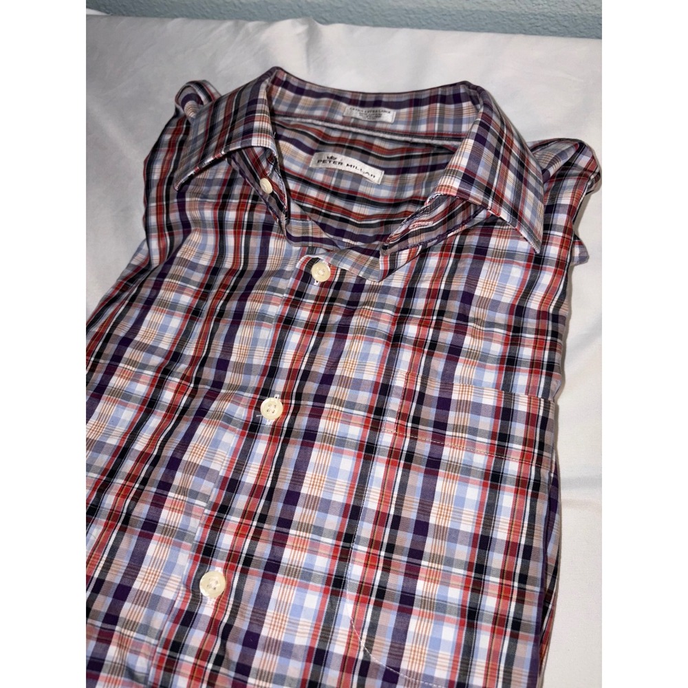Peter Millar Mens XXL Plaid Button Down Shirt Purple Red Blue 100% Cotton
